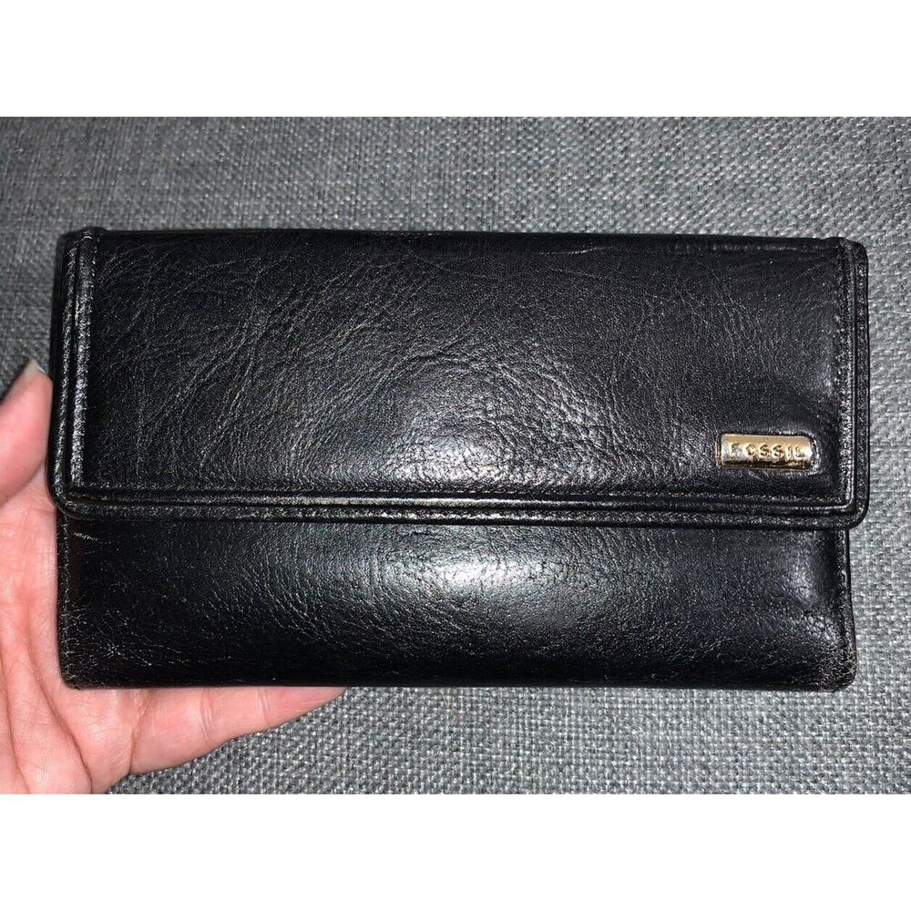 Fossil Black Genuine Leather Womens Trifold Wallet With Outer Zipper Pocket